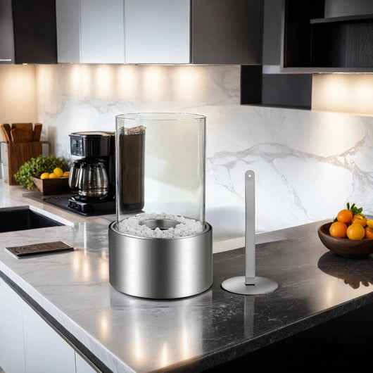 Camino a bioetanolo Taipei, Caminetto ecologico, Focolare senza fumo, Made in Italy, 16x16 h27 cm, Argento e Trasparente