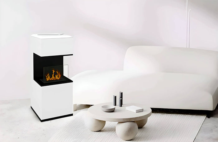 Camino a bioetanolo Ancarano, Caminetto ecologico, Focolare senza fumo, Riscaldatore ad etanolo, Made in Italy, 38x38 h100 cm, Bianco e Nero