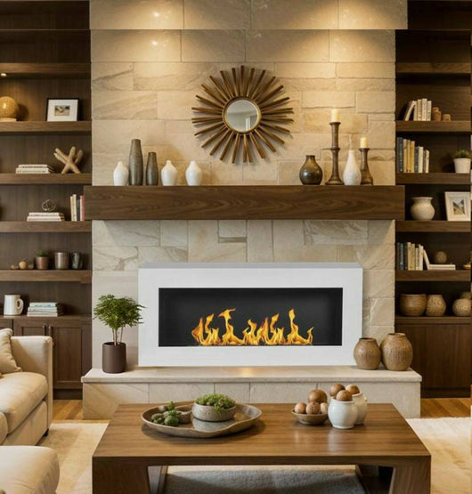 Camino a bioetanolo Zagreb, Caminetto ecologico, Focolare senza fumo, Riscaldatore ad etanolo, Made in Italy, 12x90 h40 cm, Bianco