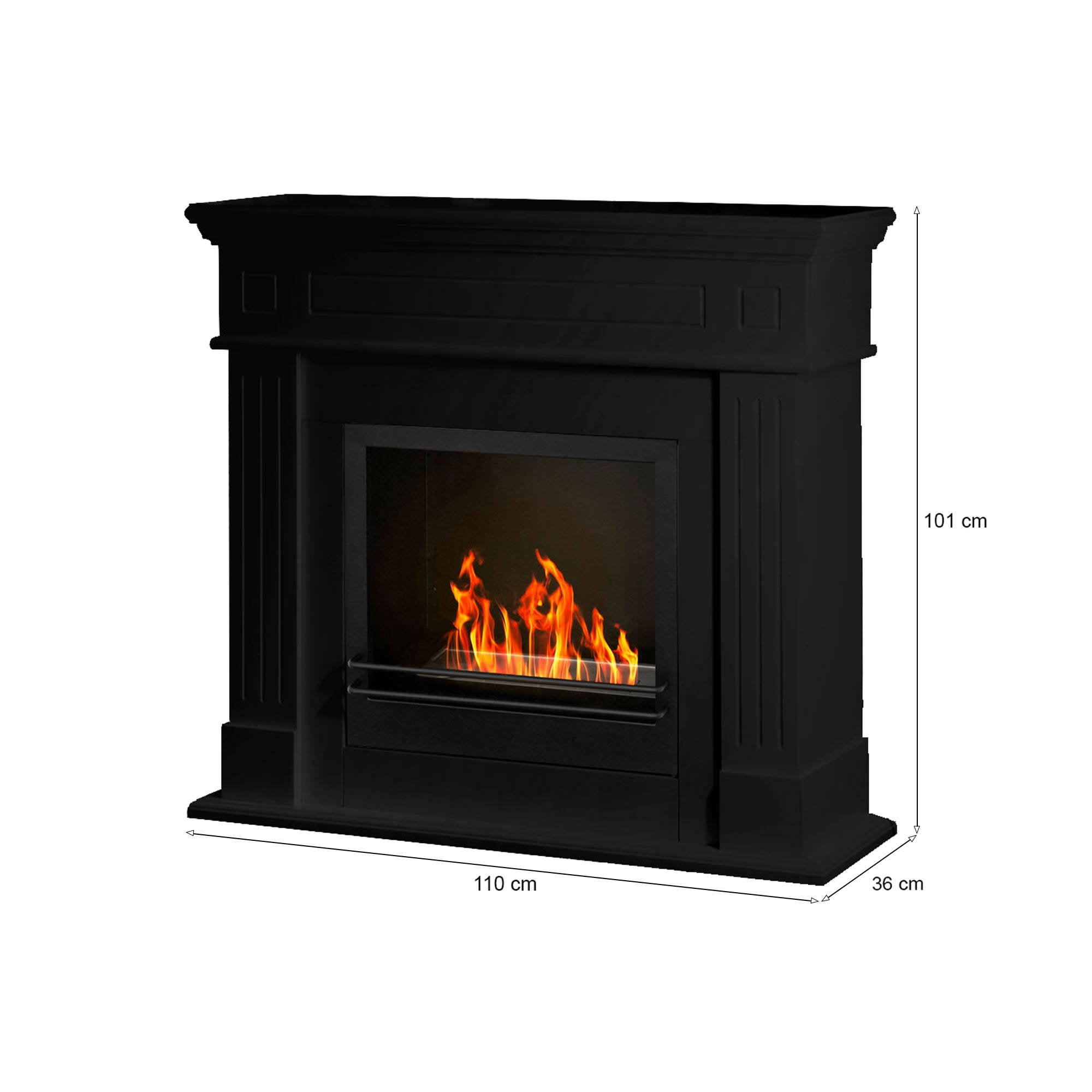 Camino a bioetanolo Aradeo, Caminetto ecologico, Focolare senza fumo, Riscaldatore ad etanolo, Made in Italy, 110x36 h101 cm, Nero