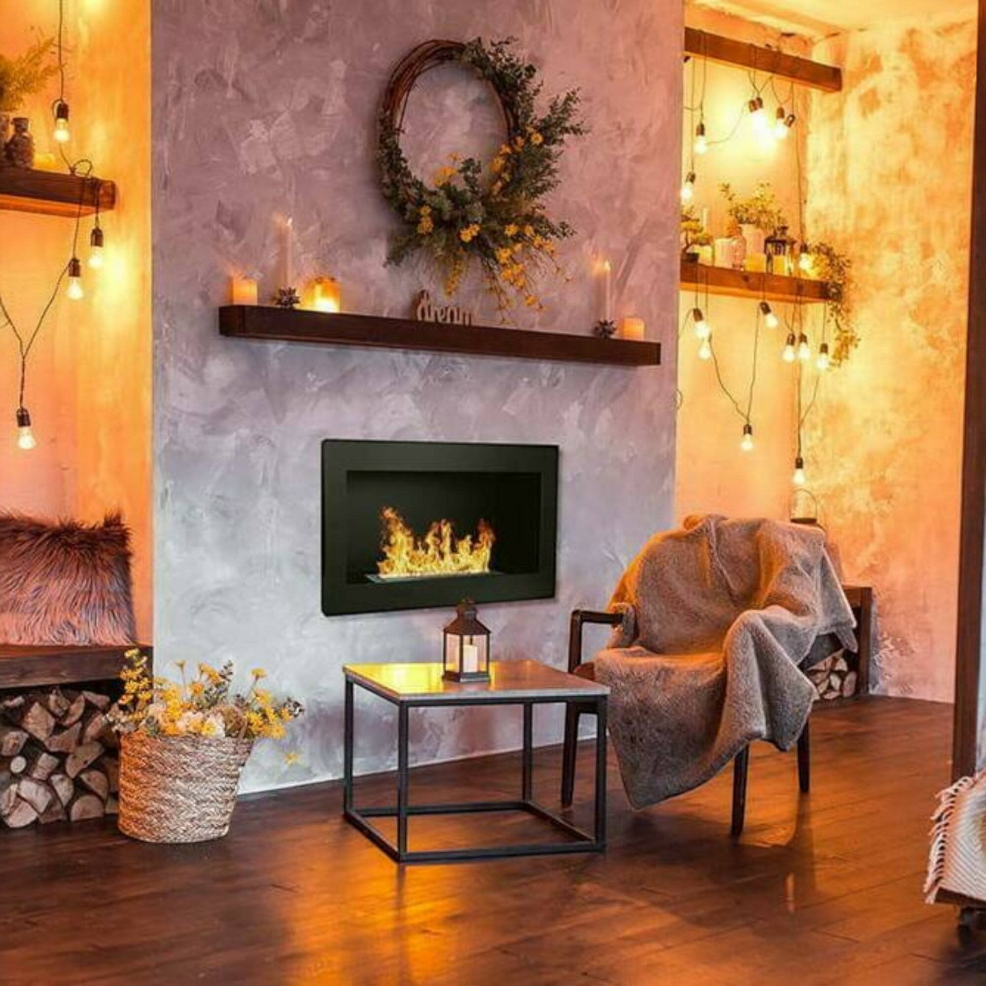 Camino a bioetanolo Aisone, Caminetto ecologico, Focolare senza fumo, Riscaldatore ad etanolo, Made in Italy, 90x12 h39 cm, Nero