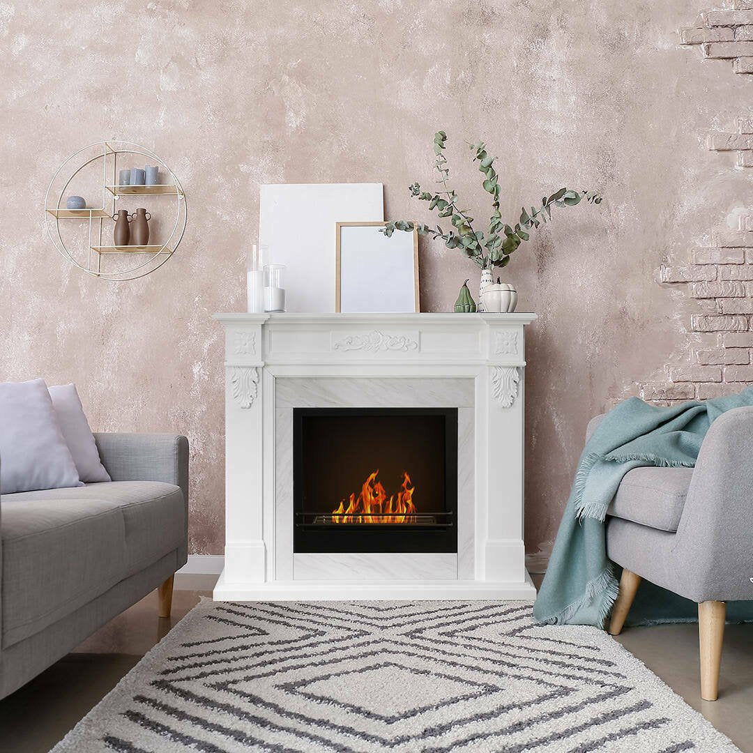 Camino a bioetanolo Arborio, Caminetto ecologico, Focolare senza fumo, Riscaldatore ad etanolo, Made in Italy, 38x121 h108 cm, Bianco