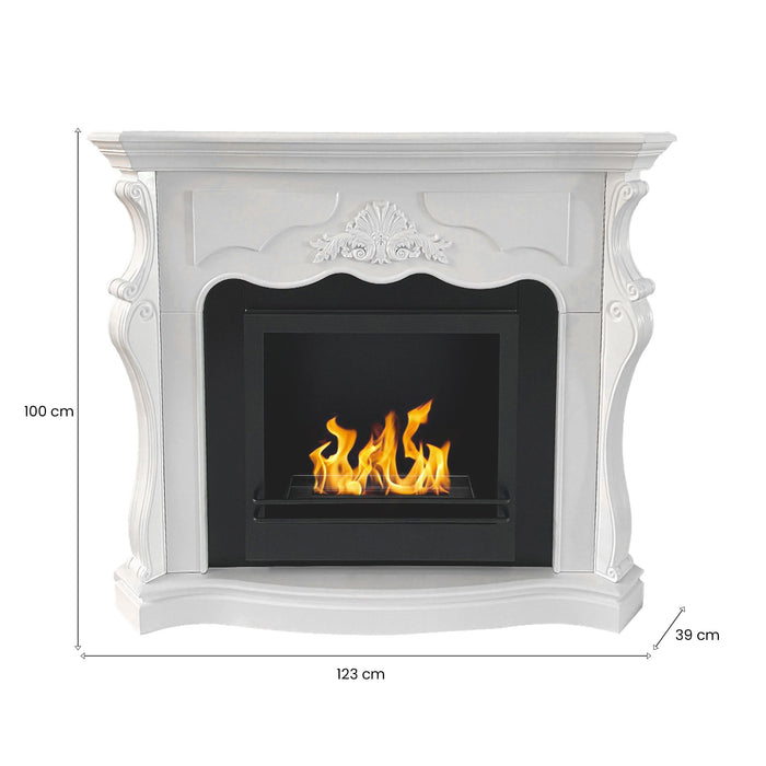 Camino a bioetanolo Aquileia, Caminetto ecologico, Focolare senza fumo, Riscaldatore ad etanolo, Made in Italy, 123x39 h100 cm, Bianco