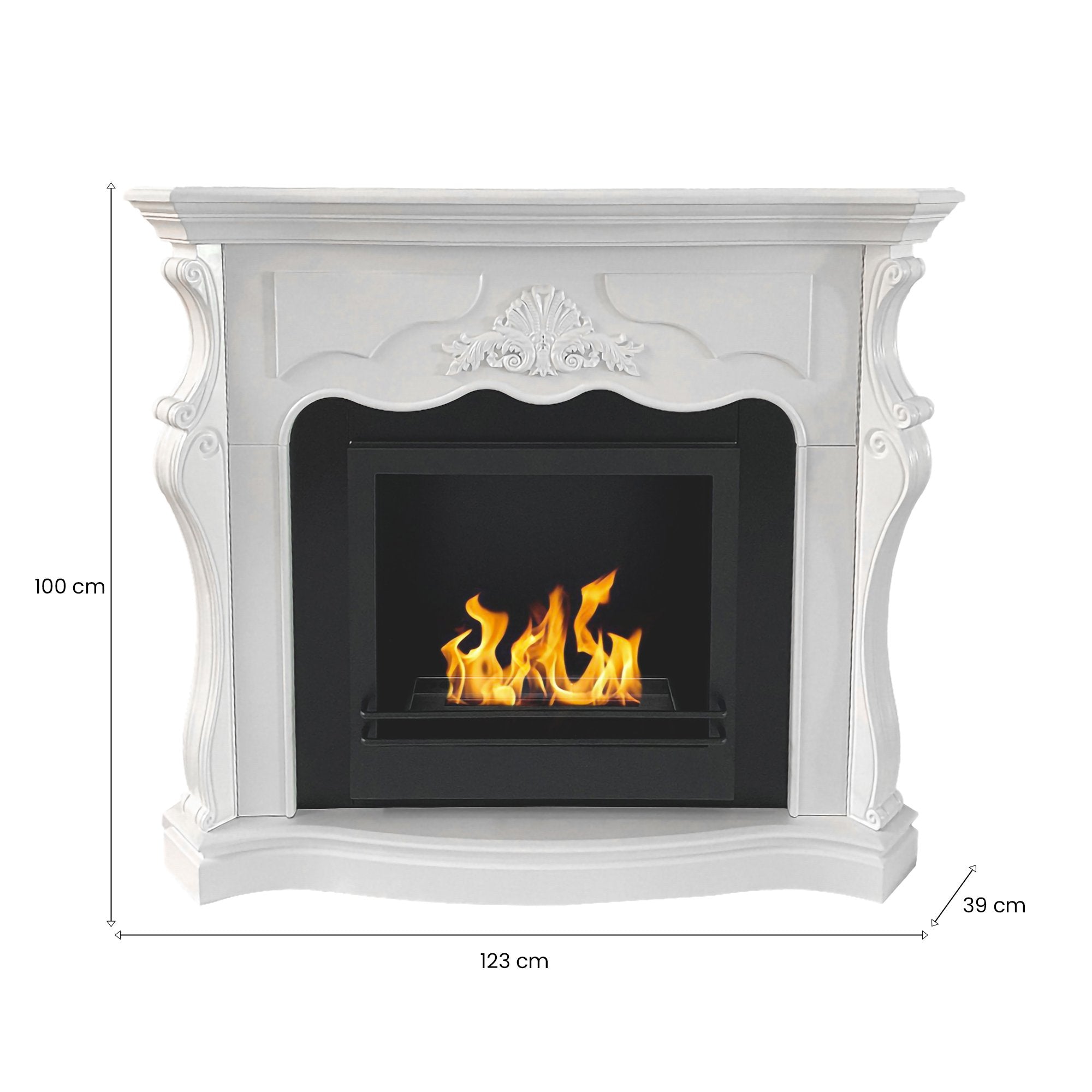 Camino a bioetanolo Aquileia, Caminetto ecologico, Focolare senza fumo, Riscaldatore ad etanolo, Made in Italy, 123x39 h100 cm, Bianco