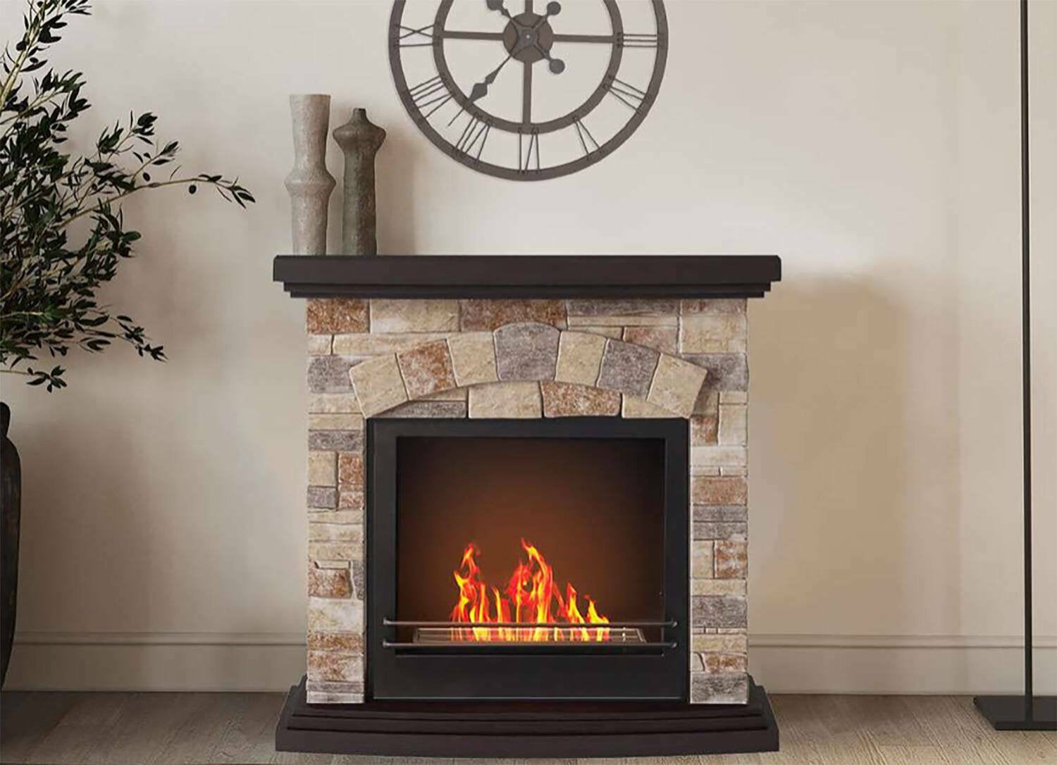 Camino a bioetanolo Ailoche, Caminetto ecologico, Focolare senza fumo, Riscaldatore ad etanolo, Made in Italy, 93x28 h85 cm, Beige