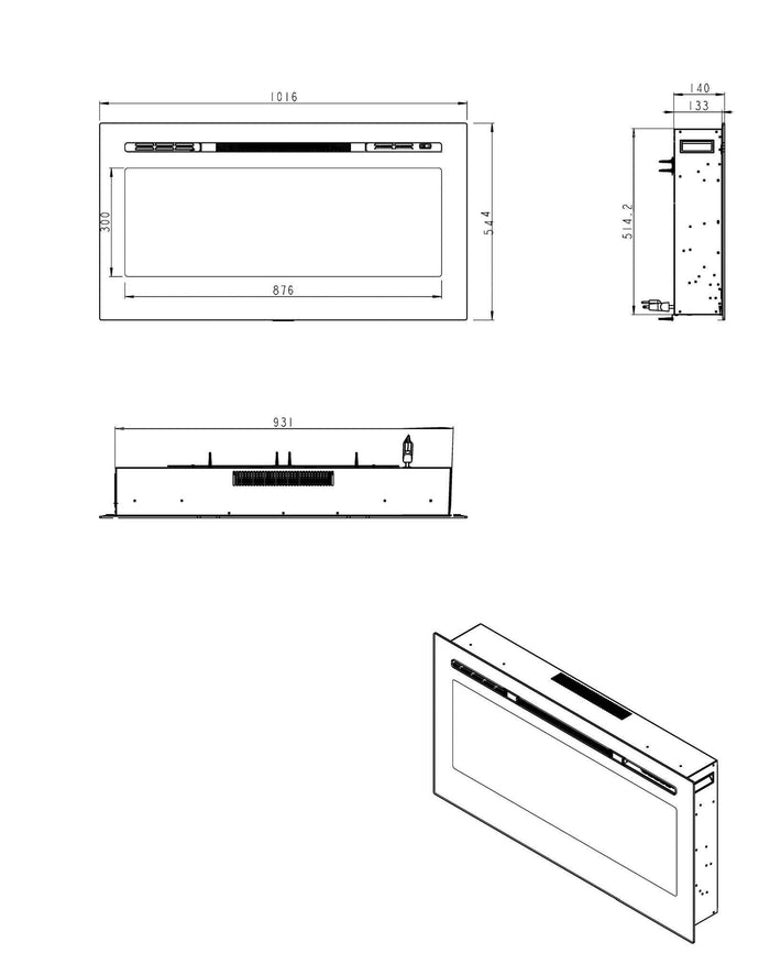 Camino elettrico Potoprens, Stufa elettrica, Focolare elettrico a parete, Caminetto moderno, Made in Italy, 14x102 h55 cm, Nero