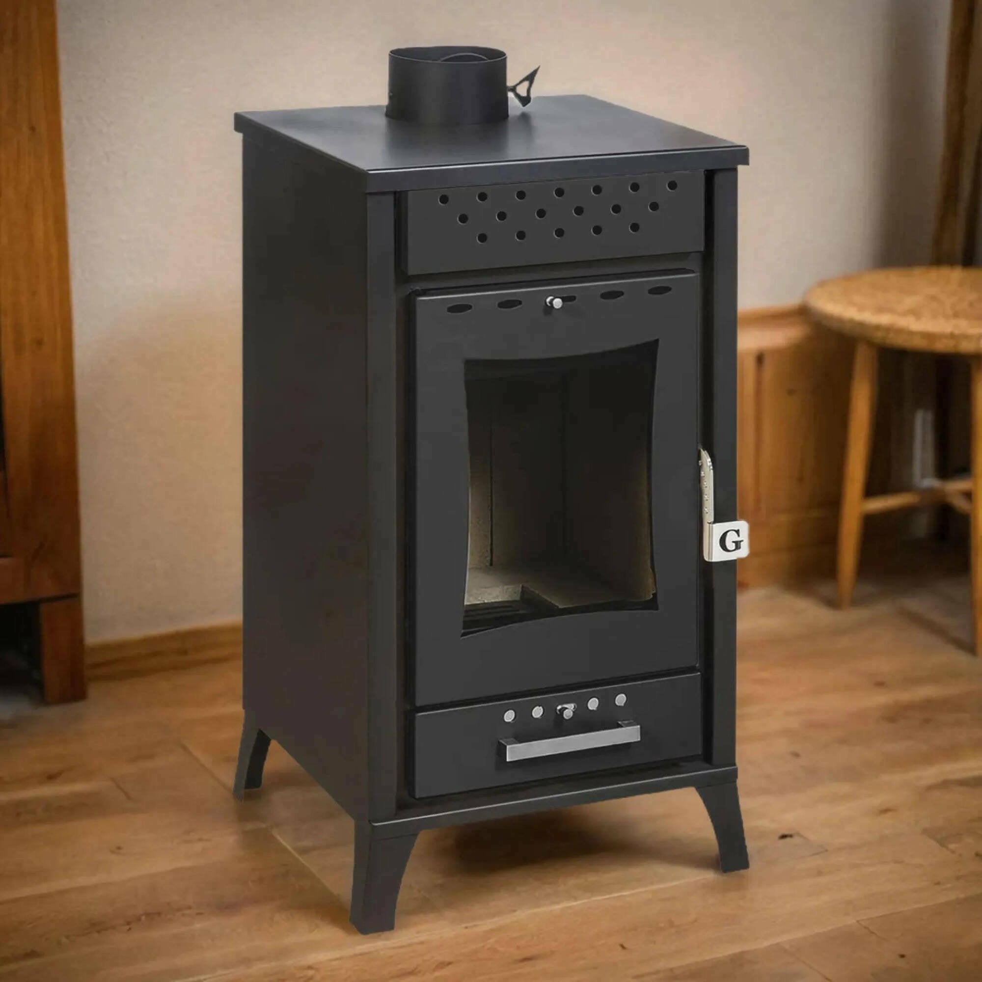 Stufa a legna Agropoli, Caminetto a legna, Focolare a legna, Stufa rustica, Made in Italy, 49x46 h91 cm, Nero