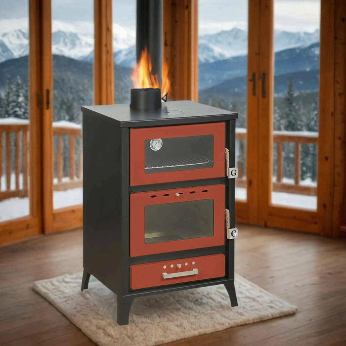 Stufa a legna Catena, Caminetto a legna, Focolare a legna, Stufa rustica, Made in Italy, 59x51 h92 cm, Rosso