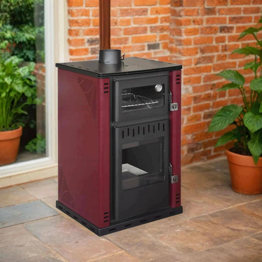Stufa a legna Aragona, Caminetto a legna, Focolare a legna, Stufa rustica, Made in Italy, 62x62 h102 cm, Rosso