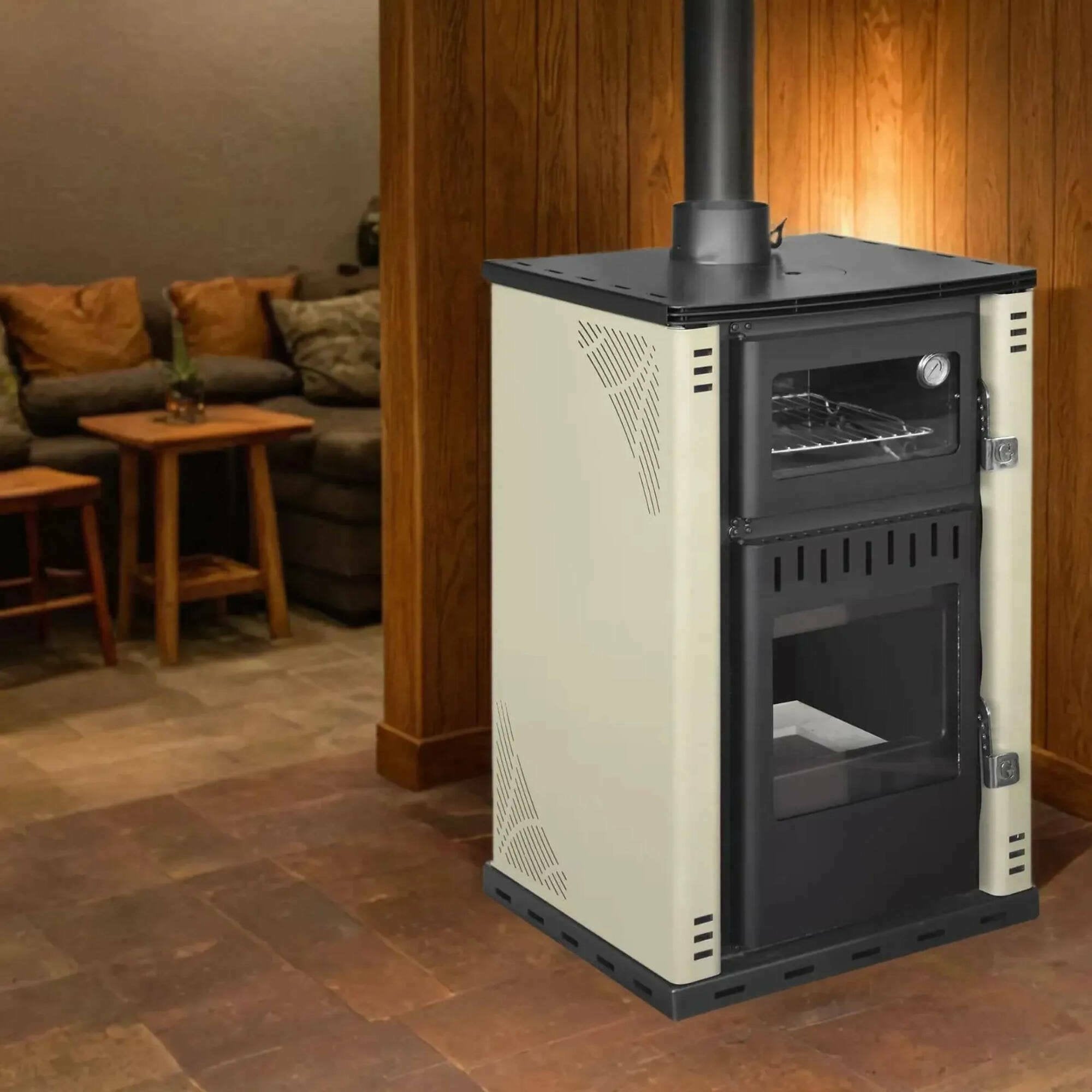 Stufa a legna Aragona, Caminetto a legna, Focolare a legna, Stufa rustica, Made in Italy, 62x62 h102 cm, Beige