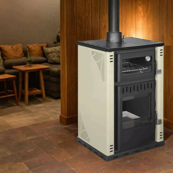 Stufa a legna Aragona, Caminetto a legna, Focolare a legna, Stufa rustica, Made in Italy, 62x62 h102 cm, Beige