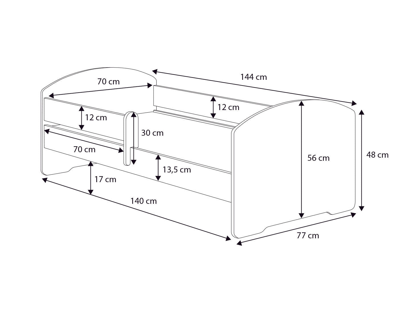 Letto per bambini Crising, Lettino per cameretta, Set camera da letto, Struttura porta materasso, 77x144 h56 cm, Bianco con macchina
