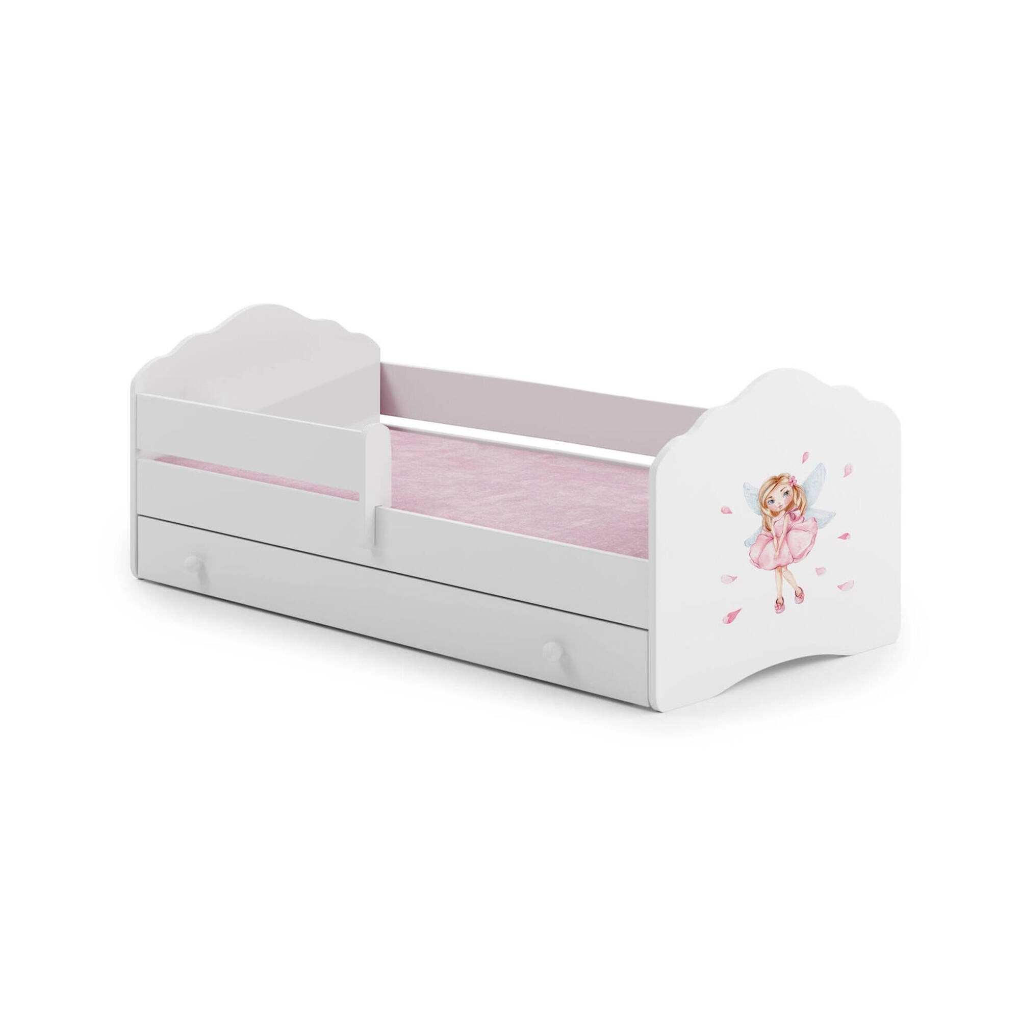 Letto per bambini Rene, Lettino per cameretta, Set camera da letto, Struttura porta materasso, 85x164 h63 cm, Bianco con unicorno