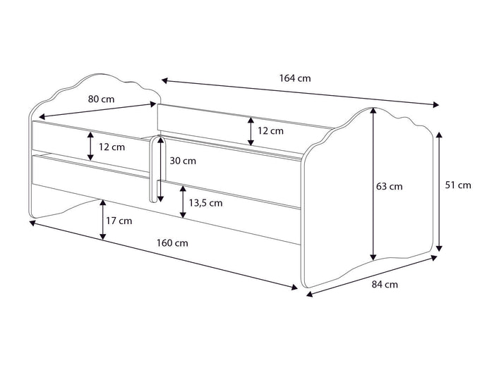 Letto per bambini Rene, Lettino per cameretta, Set camera da letto, Struttura porta materasso, 85x164 h63 cm, Bianco con unicorno