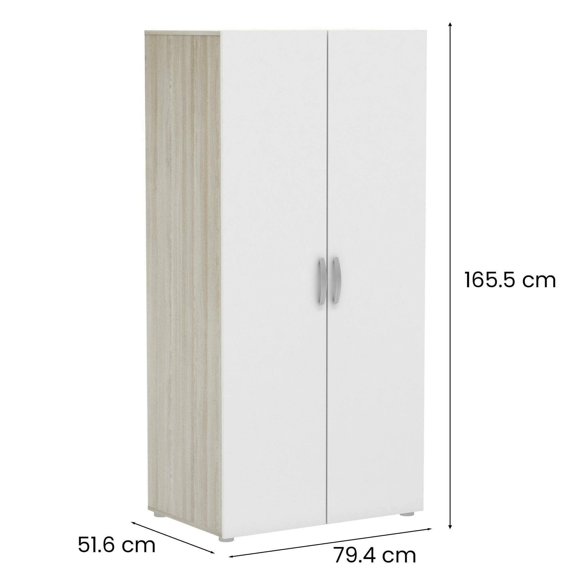 Guardaroba 2 ante Barge, Mobile camera da letto, Cabina armadio portabiti, Armadio appendiabiti, 79x52 h166 cm, Rovere e Bianco opaco