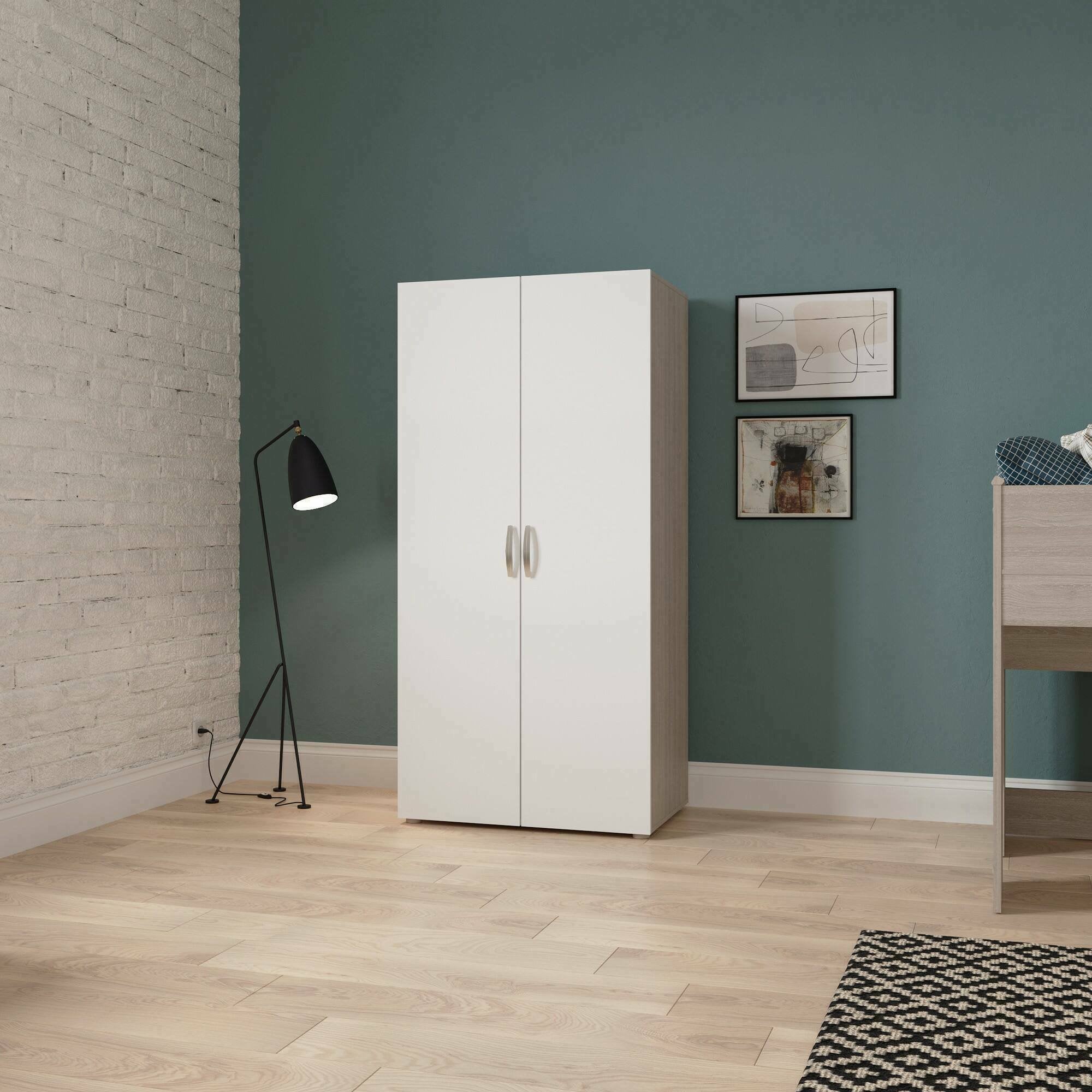 Guardaroba 2 ante Barge, Mobile camera da letto, Cabina armadio portabiti, Armadio appendiabiti, 79x52 h166 cm, Rovere e Bianco opaco