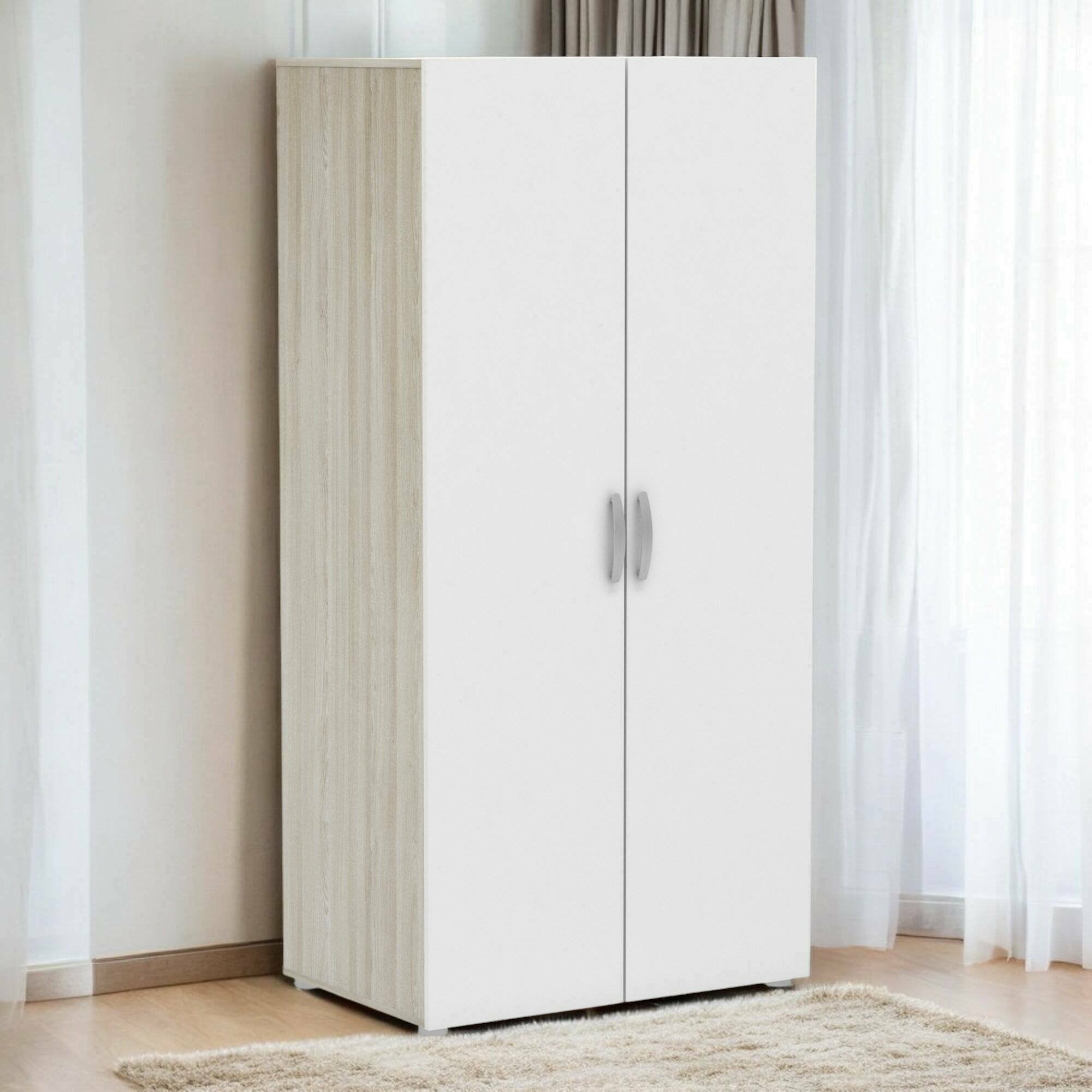 Guardaroba 2 ante Ockhi, Mobile camera da letto, Cabina armadio portabiti, Armadio appendiabiti, 79x52 h166 cm, Rovere e Bianco opaco