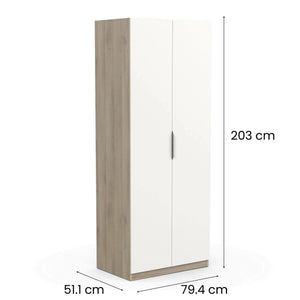 Guardaroba 2 ante Fioretta, Mobile camera da letto, Cabina armadio portabiti, Armadio appendiabiti, 79x51 h203 cm, Rovere e Bianco opaco