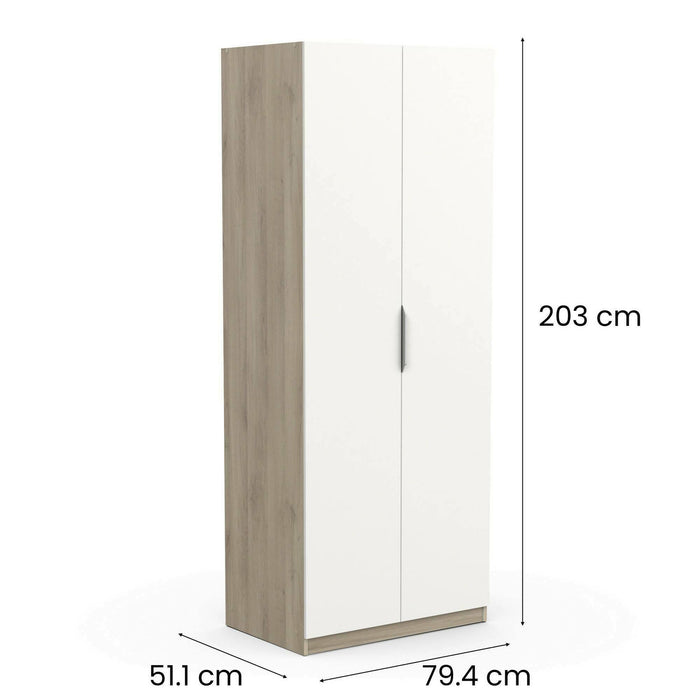 Guardaroba 2 ante Fioretta, Mobile camera da letto, Cabina armadio portabiti, Armadio appendiabiti, 79x51 h203 cm, Rovere e Bianco opaco