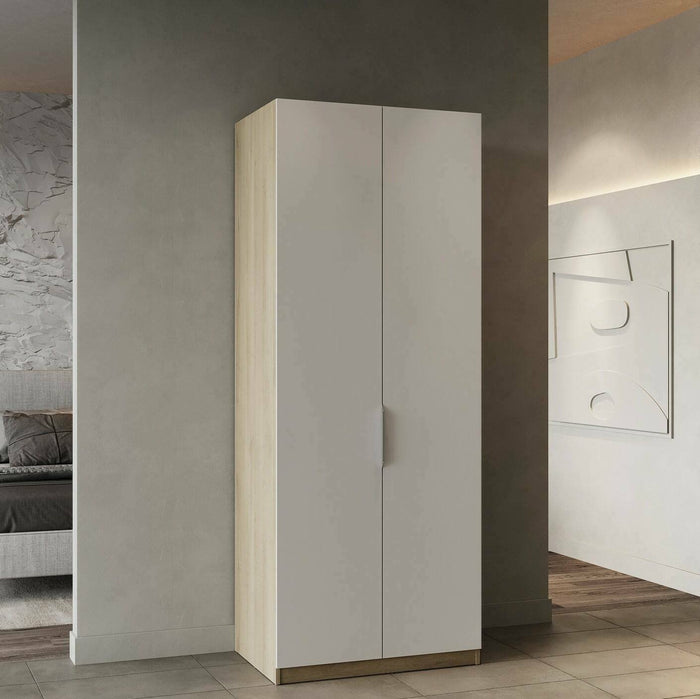 Guardaroba 2 ante Fioretta, Mobile camera da letto, Cabina armadio portabiti, Armadio appendiabiti, 79x51 h203 cm, Rovere e Bianco opaco