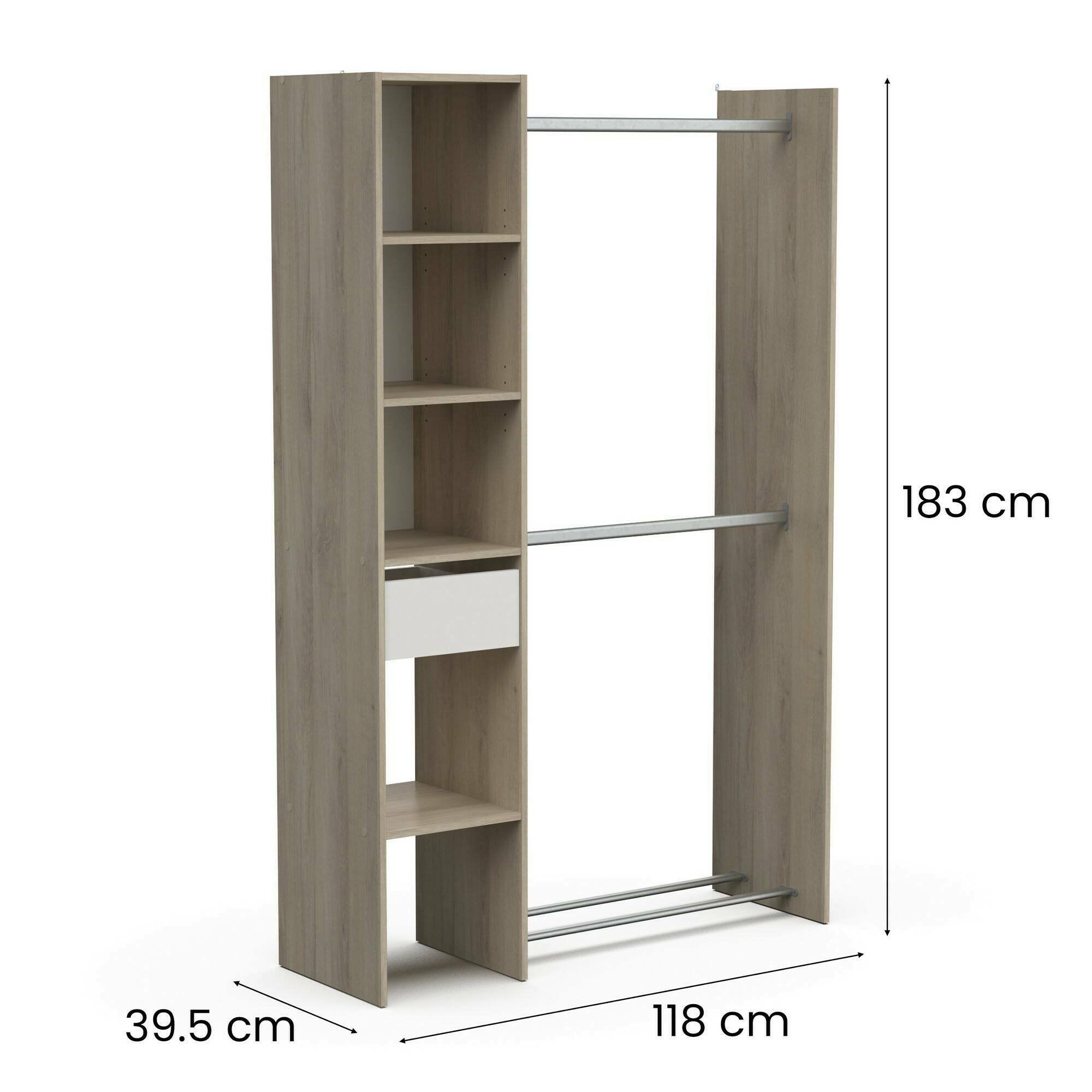Guardaroba grande Floriana, Mobile camera da letto, Cabina armadio portabiti, Armadio appendiabiti, 118x40 h183 cm, Rovere e Bianco opaco