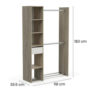 Guardaroba grande Floriana, Mobile camera da letto, Cabina armadio portabiti, Armadio appendiabiti, 118x40 h183 cm, Rovere e Bianco opaco