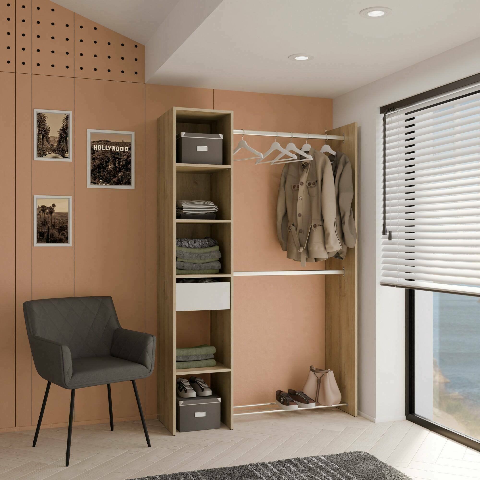 Guardaroba grande Floriana, Mobile camera da letto, Cabina armadio portabiti, Armadio appendiabiti, 118x40 h183 cm, Rovere e Bianco opaco