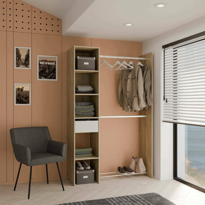 Guardaroba grande Floriana, Mobile camera da letto, Cabina armadio portabiti, Armadio appendiabiti, 118x40 h183 cm, Rovere e Bianco opaco