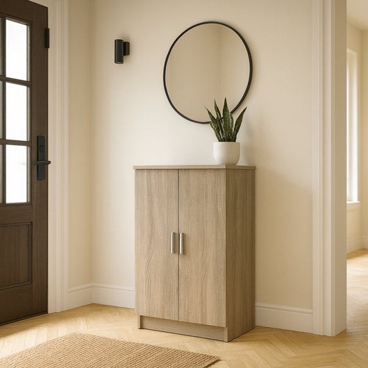 Scarpiera Abigaille, Armadietto multifunzione, Mobiletto portaoggetti con scaffali, Scarpiera a due anti e 6 ripiani, Cm 55x39h108, Rovere