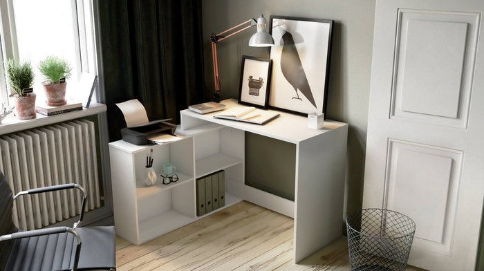 Scrivania Kyarr, Scrittoio multiuso, Tavolo per ufficio porta PC, Piano di lavoro, 112x101 h77 cm, Bianco opaco