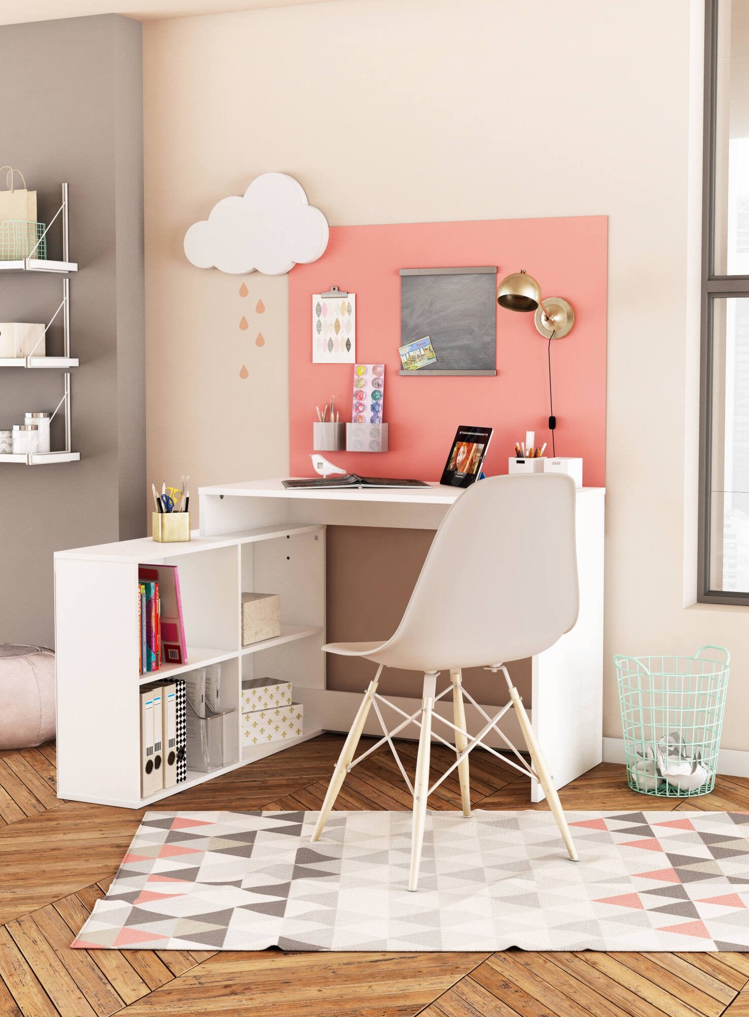 Scrivania Kyarr, Scrittoio multiuso, Tavolo per ufficio porta PC, Piano di lavoro, 112x101 h77 cm, Bianco opaco