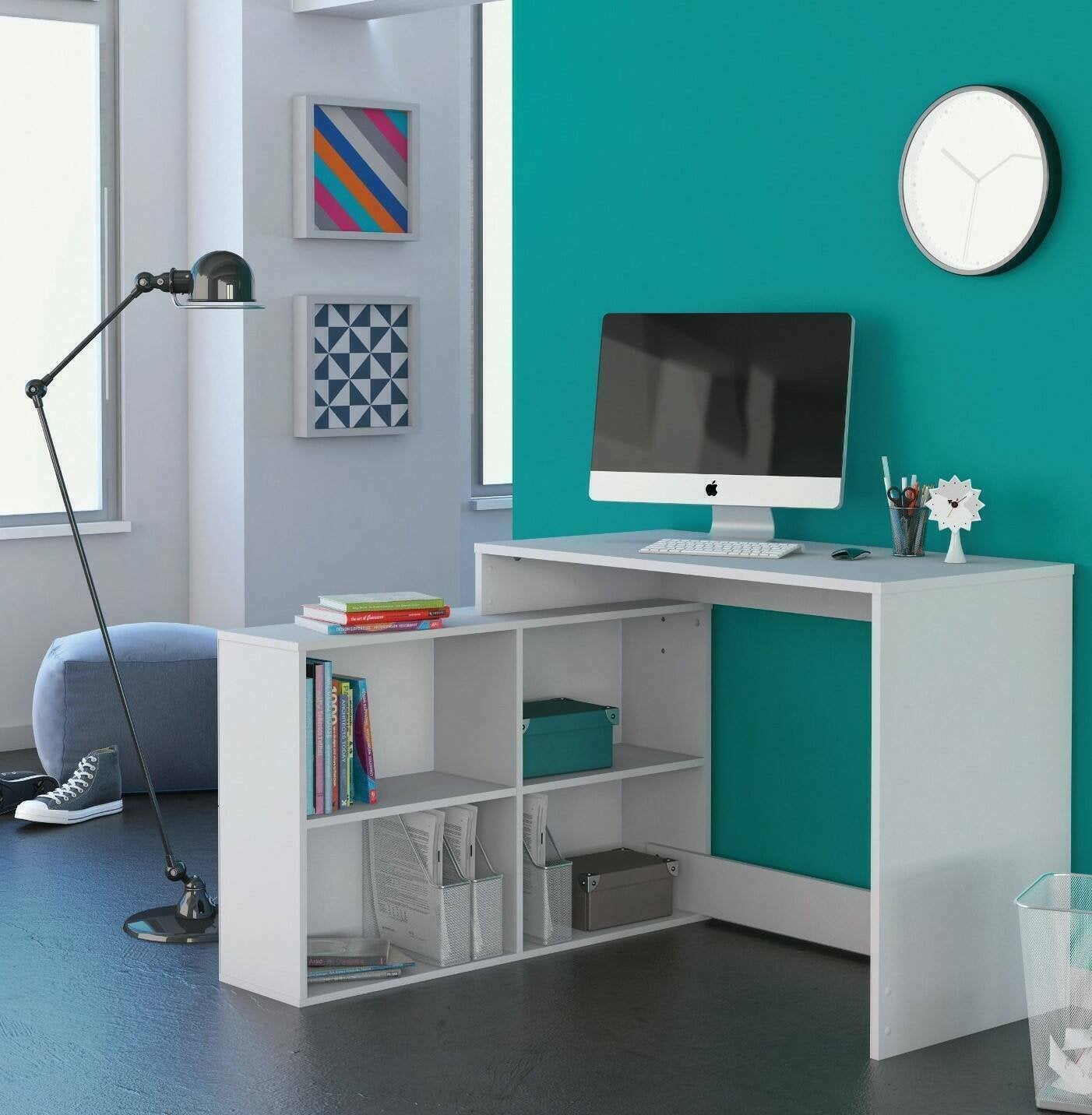 Scrivania Kyarr, Scrittoio multiuso, Tavolo per ufficio porta PC, Piano di lavoro, 112x101 h77 cm, Bianco opaco