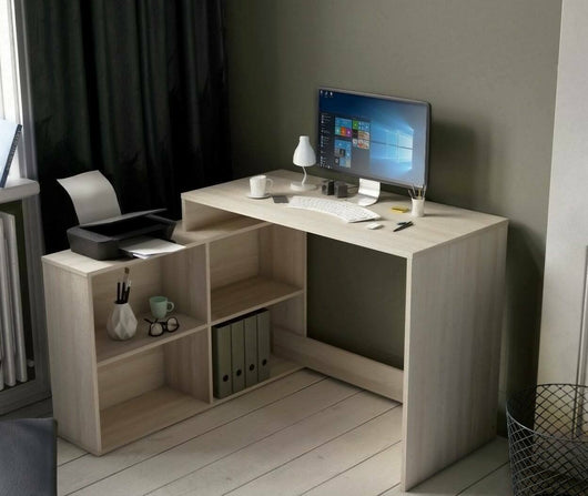 Scrivania Kyarr, Scrittoio multiuso, Tavolo per ufficio porta PC, Piano di lavoro, 112x101 h77 cm, Rovere e Bianco