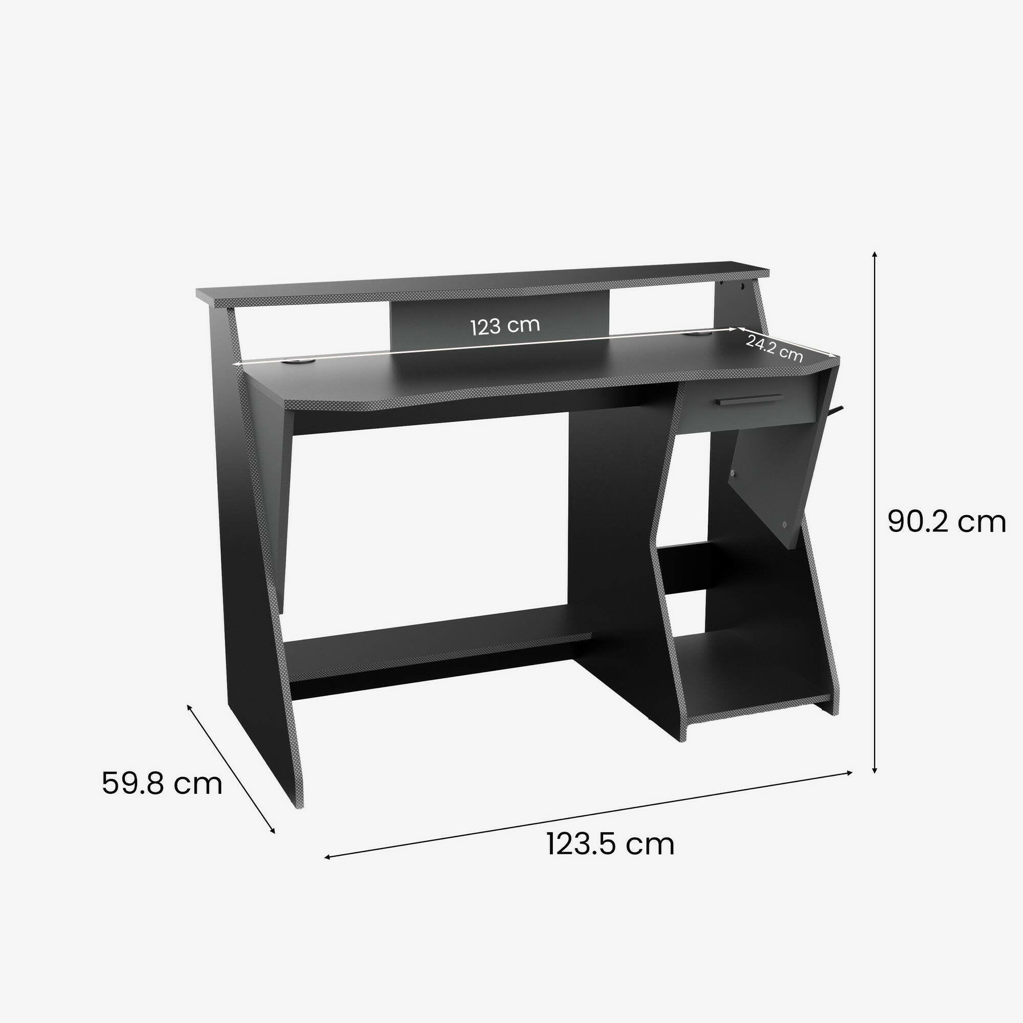 Scrivania Ripoli, Scrittoio da gaming, Tavolo per ufficio porta PC, Piano di lavoro, 124x60 h90 cm, Grigio scuro e Nero