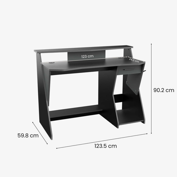 Scrivania Ripoli, Scrittoio da gaming, Tavolo per ufficio porta PC, Piano di lavoro, 124x60 h90 cm, Grigio scuro e Nero