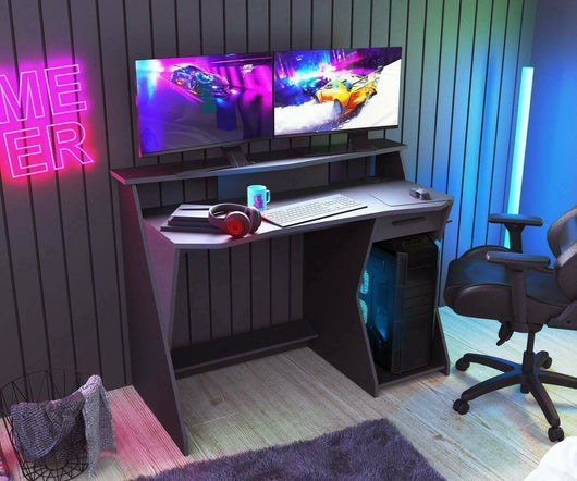 Scrivania Ripoli, Scrittoio da gaming, Tavolo per ufficio porta PC, Piano di lavoro, 124x60 h90 cm, Grigio scuro e Nero