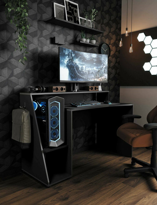 Scrivania Ampil, Scrittoio da gaming, Tavolo per ufficio porta PC, Piano di lavoro, 138x67 h94 cm, Grigio scuro e Nero