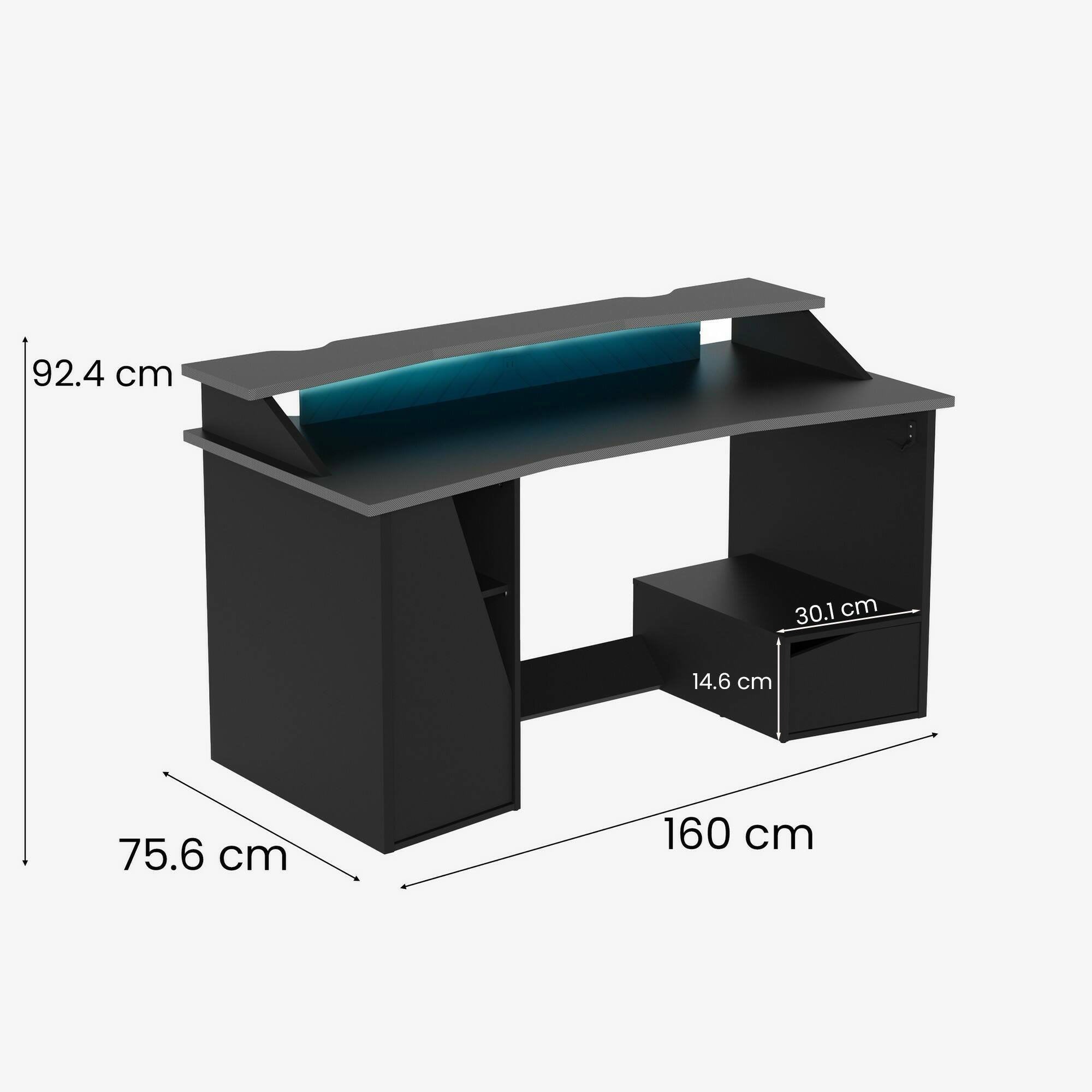 Scrivania Arsoli, Scrittoio da gaming, Tavolo per ufficio porta PC, Piano di lavoro, 160x76 h92 cm, Nero