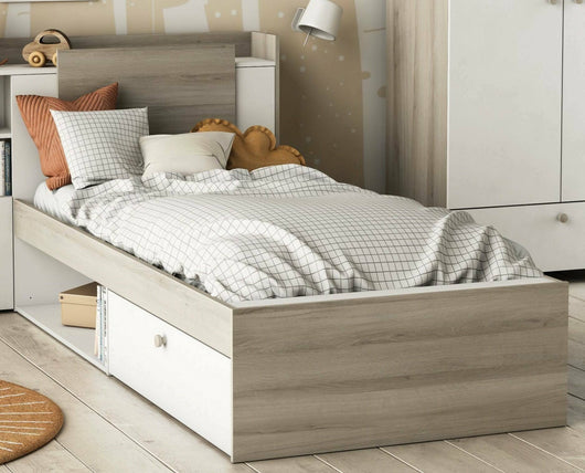 Letto singolo Wali, Sommier per camera da letto, Giroletto per stanza, Struttura porta materasso, 200x120 h 91 cm, Rovere e Bianco opaco