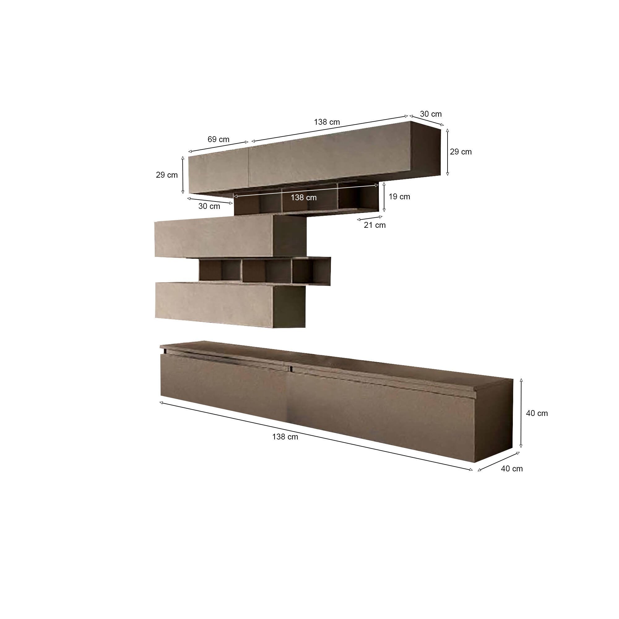 Parete attrezzata Hilaire, Composizione soggiorno, Mobile salotto multiuso, Armadio porta TV, Made in Italy, 276x40 h190 cm, Bronzo e Grigio