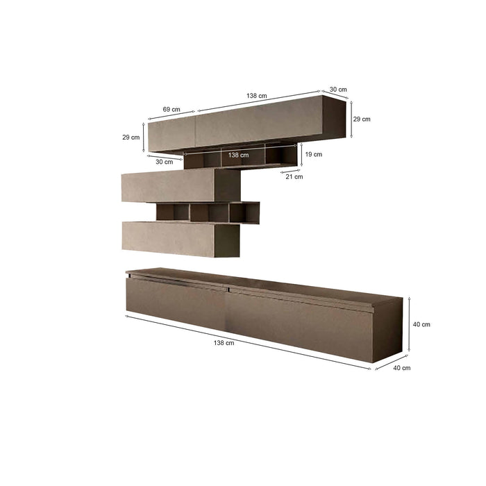 Parete attrezzata Hilaire, Composizione soggiorno, Mobile salotto multiuso, Armadio porta TV, Made in Italy, 276x40 h190 cm, Bronzo e Grigio