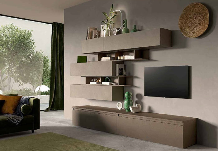 Parete attrezzata Hilaire, Composizione soggiorno, Mobile salotto multiuso, Armadio porta TV, Made in Italy, 276x40 h190 cm, Bronzo e Grigio