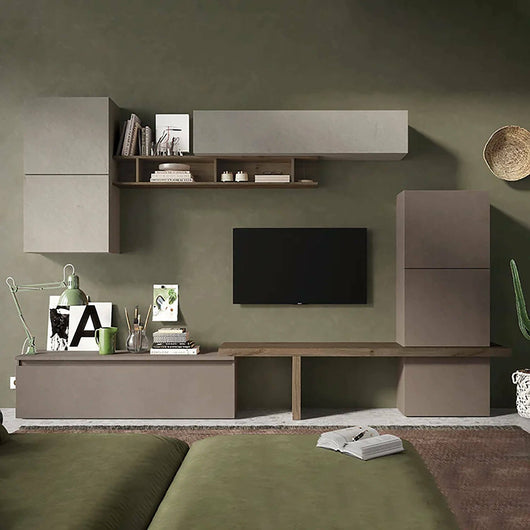 Parete attrezzata Tammy, Composizione soggiorno, Mobile salotto multiuso, Armadio porta TV, Made in Italy, 290x40 h195 cm, Bronzo e Grigio