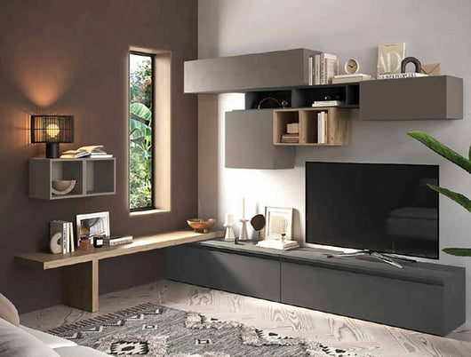 Parete attrezzata Polo, Composizione soggiorno, Mobile salotto multiuso, Armadio porta TV, Made in Italy, 276x40 h200 cm, Grigio scuro e Grigio