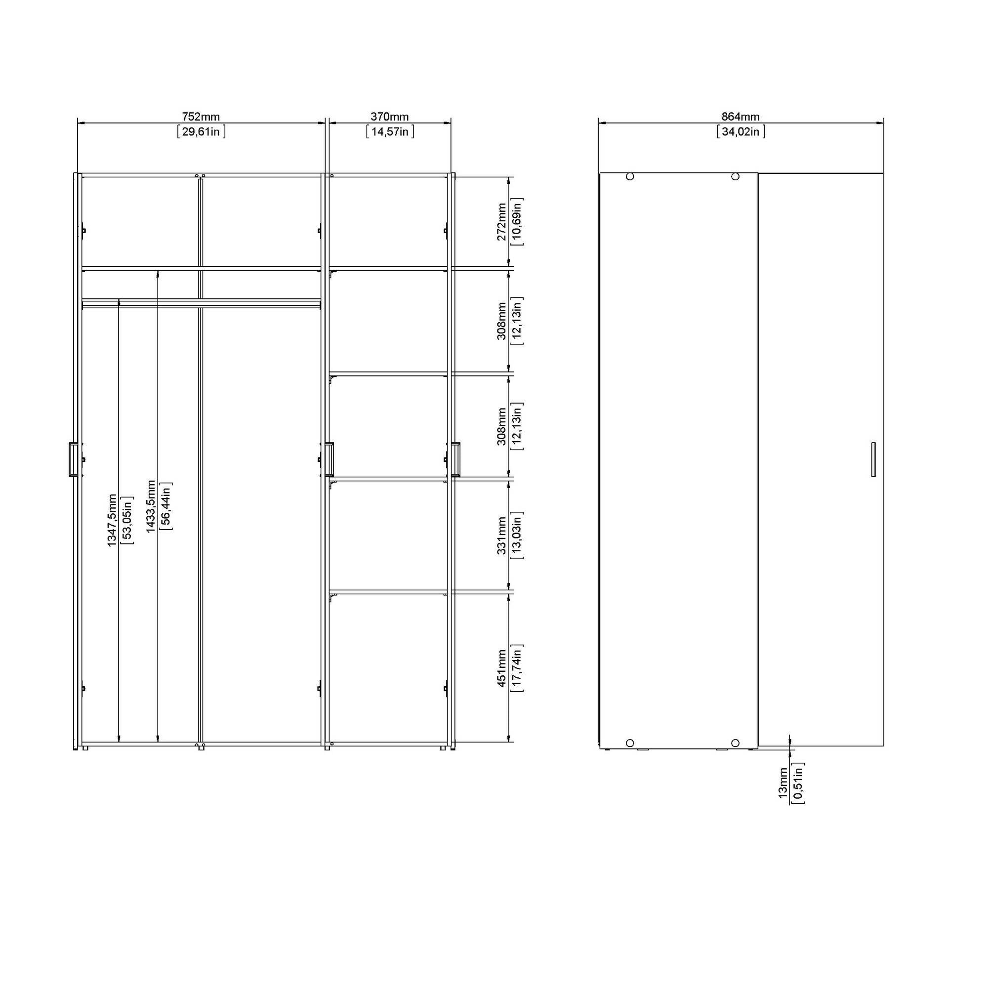 Armadio guardaroba a tre ante battenti con quattro ripiani interni e barra Angelino, colore bianco, Misure 115 x 175 x 49 cm