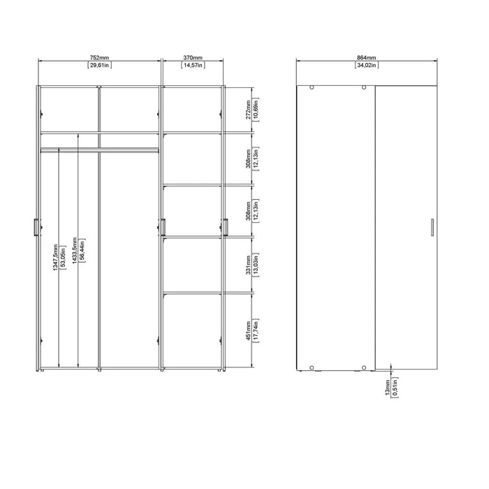 Armadio guardaroba a tre ante battenti con quattro ripiani interni e barra Angelino, colore bianco, Misure 115 x 175 x 49 cm