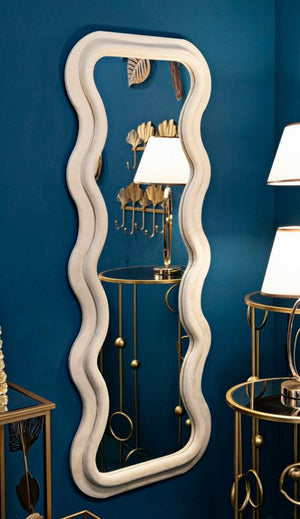 Specchio Allen, Specchiera, Articolo d'arredo a muro, Decorazione con specchio, 60x6 h160 cm, Crema