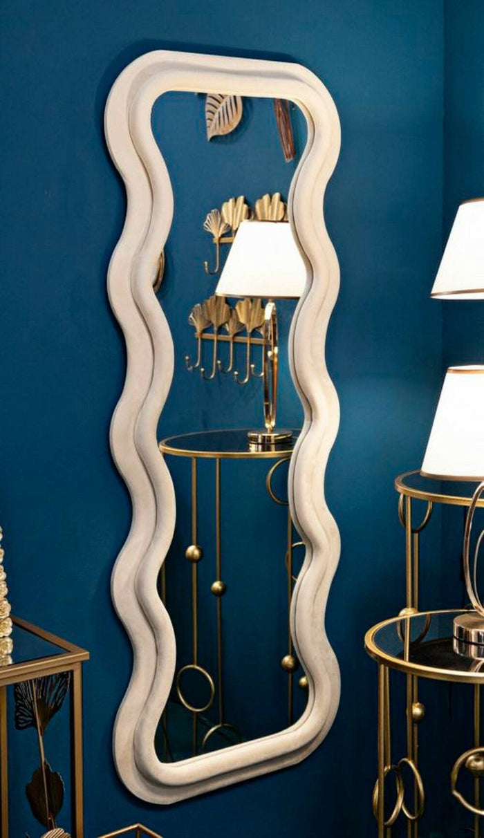 Specchio Allen, Specchiera, Articolo d'arredo a muro, Decorazione con specchio, 60x6 h160 cm, Crema