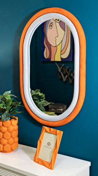 Specchio Marinetti, Specchiera, Articolo d'arredo a muro, Decorazione con specchio, 60x4 h90 cm, Arancione e Grigio