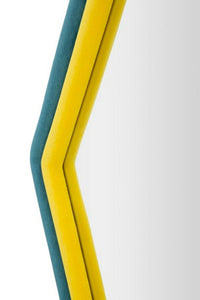 Specchio Balla, Specchiera, Articolo d'arredo a muro, Decorazione con specchio, 75x4 h80 cm, Blu e Giallo